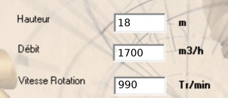 Point de fonctionnement demandé : 1700 m³/h, 18 m, 990 tr/min